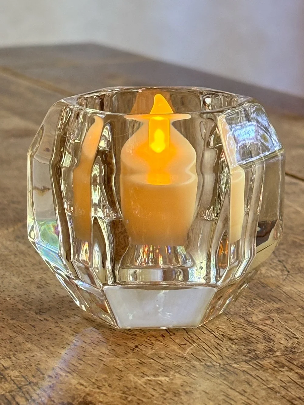 Vintage Heavy Crystal Glass Hexagon Votive Tealight Candle Holder Geometric